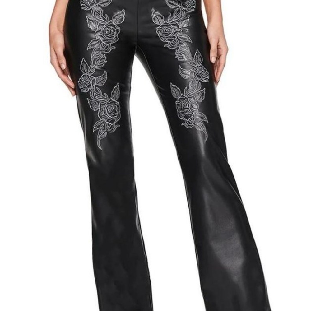 I.AM.GIA Black Faux Leather Flared Pants with Silver Rose Embroidery